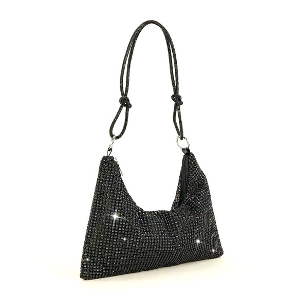 Hand Crafted Handbags - Black Medium Rhinestone Crystal Shoulder evening bag